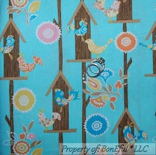 BonEful Fabric FQ Cotton Blue Flower S Bird House Pink White Dot Brown Wood Girl