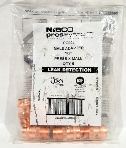 Nibco Pressystems 1/2" Copper Press X Male Adapter #PC604 Bag Of 5 (NIB)
