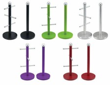 STAINLESS STEEL 6 CUP MUG TREE STAND AND KITCHEN TOWEL PAPER ROLL POLE HOLDER