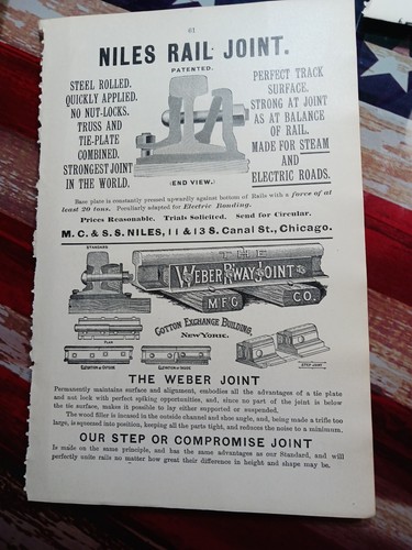 ☆1895 print ads NILES RAIL JOINT Chicago Weber railway joint NY railroad track
