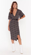 Nasty Gal It Grows Without Saying Floral Midi Dress Black UK 8