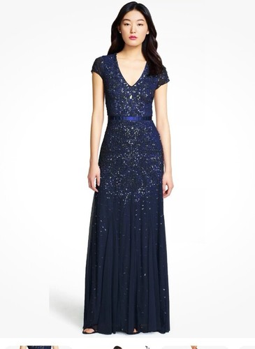 ADRIANNA PAPELL Prom SZ 10 Cap Sl Dress Sequin Navy Blue Beaded Gown Sleeve $229 - Picture 2 of 11
