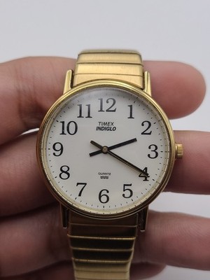 Timex Indiglo Quartz Mens Watch Gold Tone Stretch Band New Battery Working