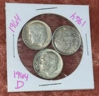 3 Silver Roosevelt Dimes Lot 1964, 1964, & 1964-D U.S. 10C Coins