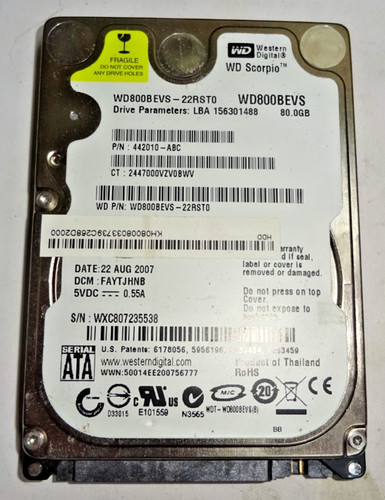 WESTERN DIGITAL ***WD800BEVS*** 80 GB*** SATA HDD Notebook 2,5 Zoll #NFP1411