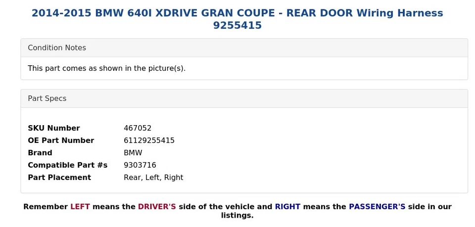 BMW 640I XDRIVE GRAN CUPÉ 2014-2015 - Arnés de cableado de puerta trasera 9255415 Foto 3 de 4