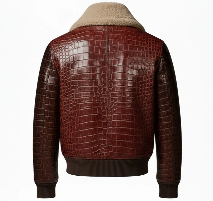 Men,s Real Crocodile Embossed Leather Jacket Shearling Collar Bomber Coat Brown. image 13