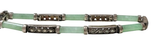 Brazalete de eslabones de plata esterlina de jadeíta verde barra de barril con cuentas de marcasita 7,5 - Imagen 5 de 14