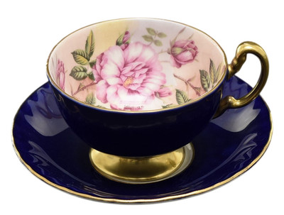 AYNSLEY Orchard Gold Cabbage Rose Navy Bone China Tasse & Untertasse