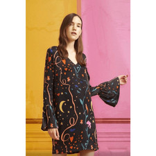 Stine Goya Rosie V-Neck Bell Sleeve Mini Dress Black Love Heart Moon Print Small