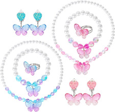 2 Sets Princess Jewelry for Little Girls, Butterfly Kids Jewelry Set, Stretch Ne