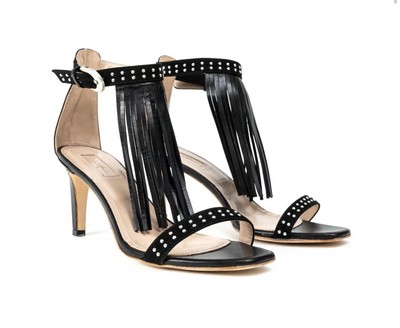 Black Ragazza Heels Made In Italy Size 37 Genuine Leather Fringe Studded US 6.5
