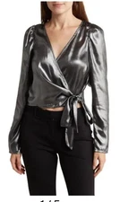 Vero Moda Metallic Gray Wrap Top Long Sleeve Puff Shoulder Tie Blouse - Medium