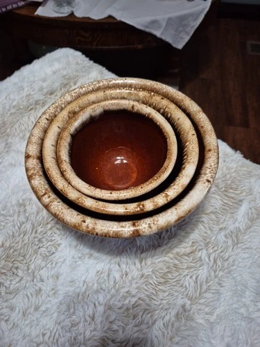 Hull Pottery Nesting Bowl Set Spout Pour Mixing Brown Drip Stoneware Vintage USA