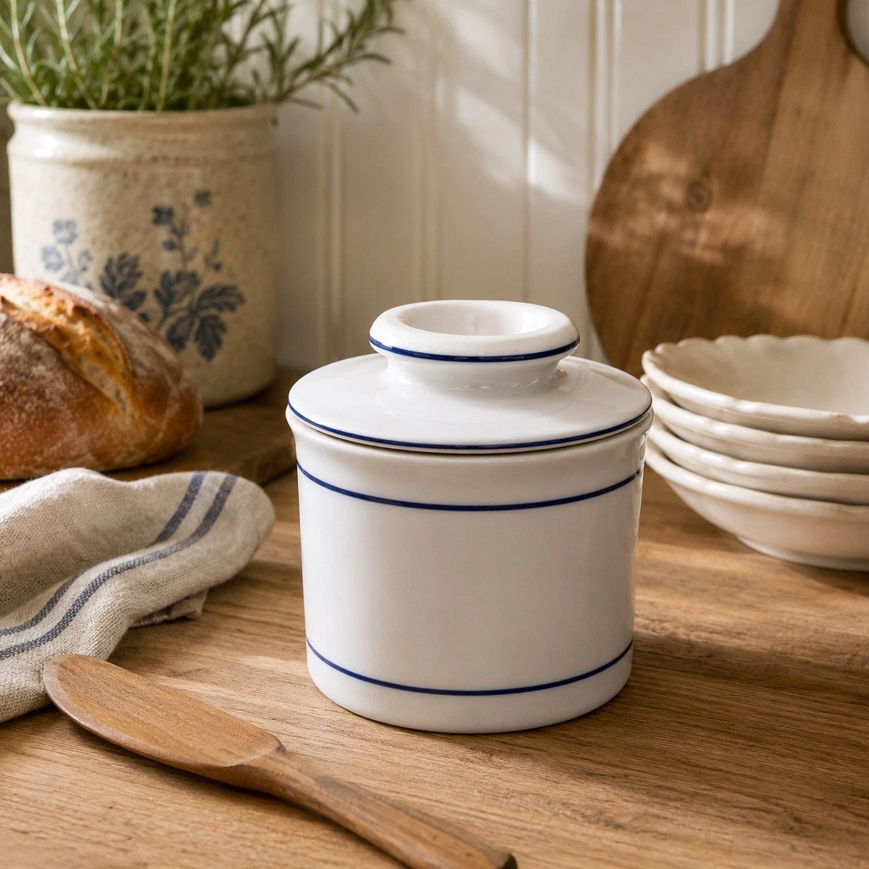 Vintage Butter Bell White Blue Stripe French Butter Keeper Cottage Kitchen
