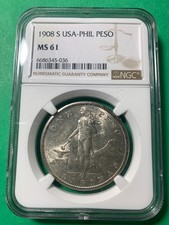 US PHILIPPINES ONE PESO 1908-S NGC MS 61 LUSTROUS