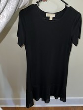 MICHAEL KORS Black Poly Stretch Crew Neck Short Sleeve Pleated Hem Dress Size XS