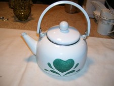 Kitchen White Enamelware Tea Kettle with Heart Pattern