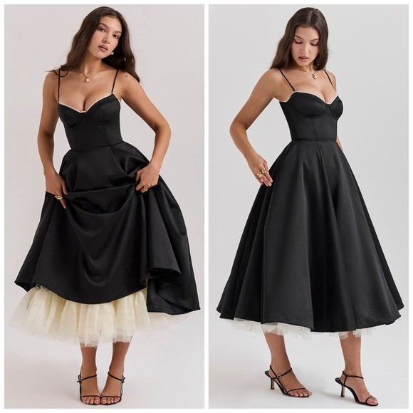 House of CB Mademoiselle Black Tulle Formal Midi Dress Size XS Big Cup NWT