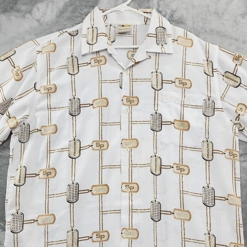 Vintage 90s SOUTHPOLE Shirt Mens L White Dog Tag Chain Print Silky Short Sleeves - Image 2 of 4