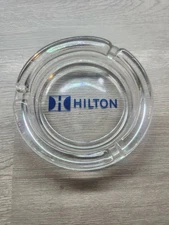 Vtg Hilton Hotel Clear Glass Ashtray - Three Cigarette Rests Blue Spellout 4"