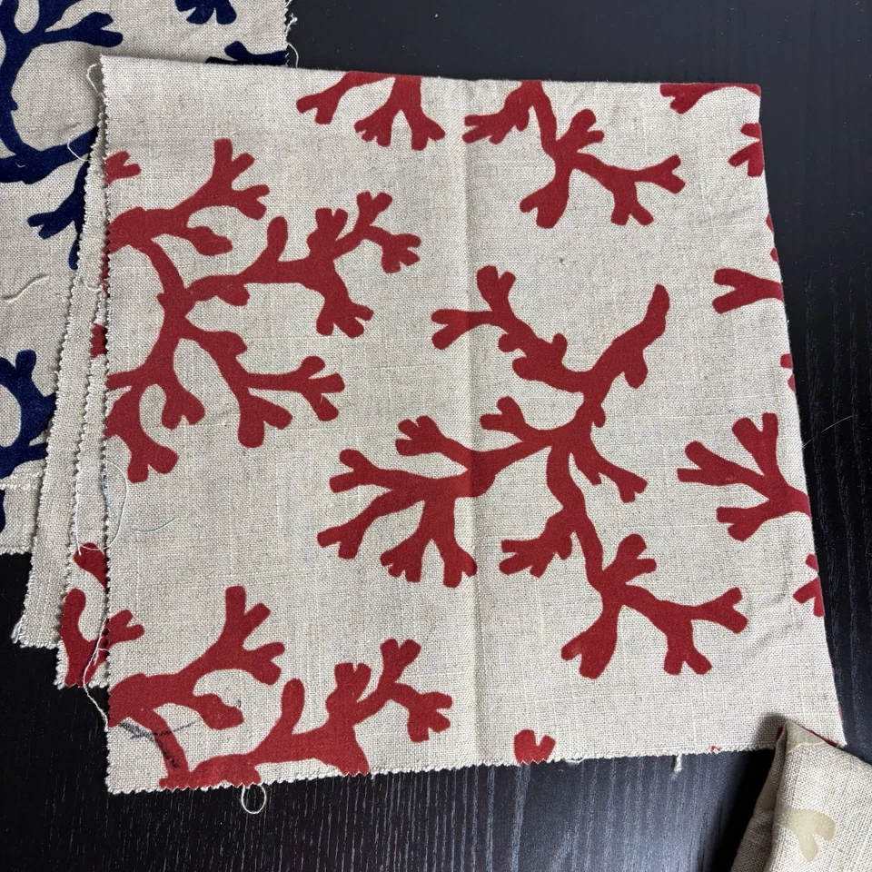 Lot of 4pc 25" x 25" Flocked Coral Burlap Fabric Red Blue Tan White Nautical - Image 4 of 4