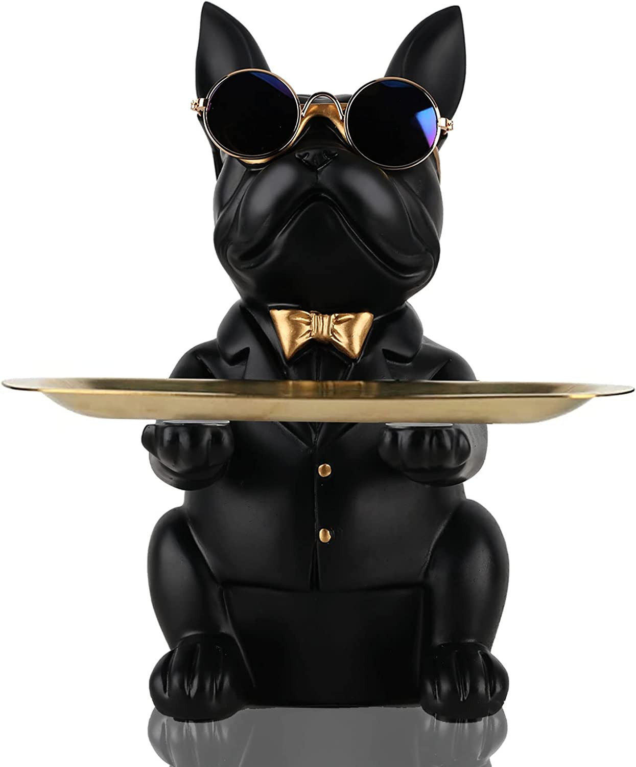 Statue bouledogue noir en résine haute finition avec plateau doré élégant