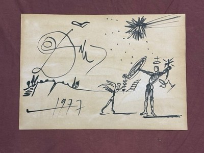 SALVADOR DALI  drawing and painting on old paper signed stamped vintage