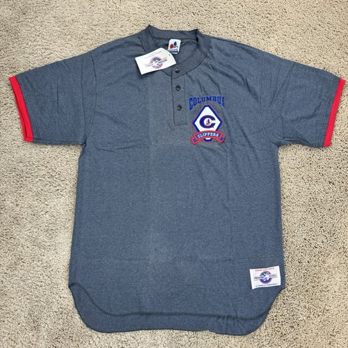 Vtg Columbus Clippers MiLB Jersey Mens L Gray Red Patch Logo Henley T Shirt NOS*
