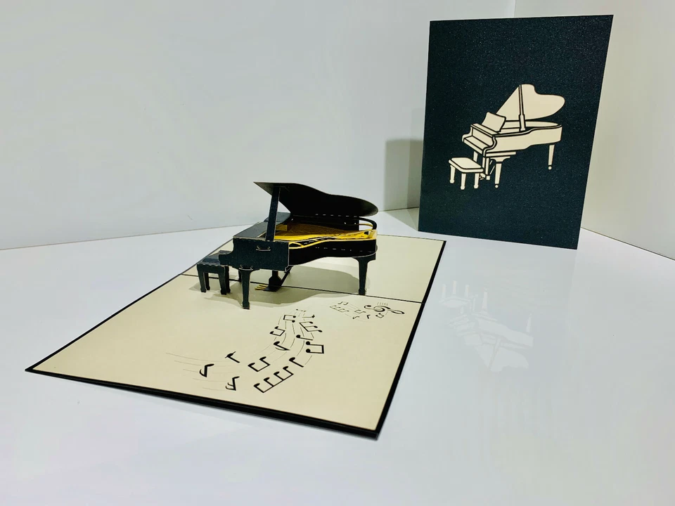 Tarjetas Pop Origami Dorado Negro Piano de Cola 3D Pop Up Tarjeta de Felicitación Feliz Cumpleaños Foto 2 de 4