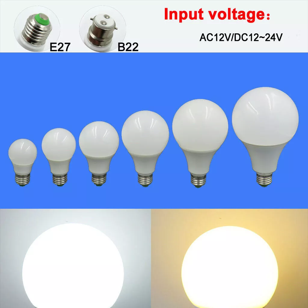 E27 B22 3W 5W 7W 9W 12W 15W LED Globe Bulb DC 12 24V Camping Light No flicker T