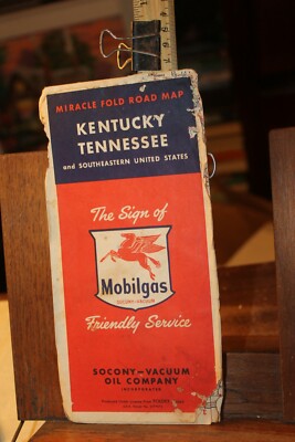 Vintage Travel Map Brochure Mobilgas Mobil Kentucky Tennessee VERY ROUGH TORN 