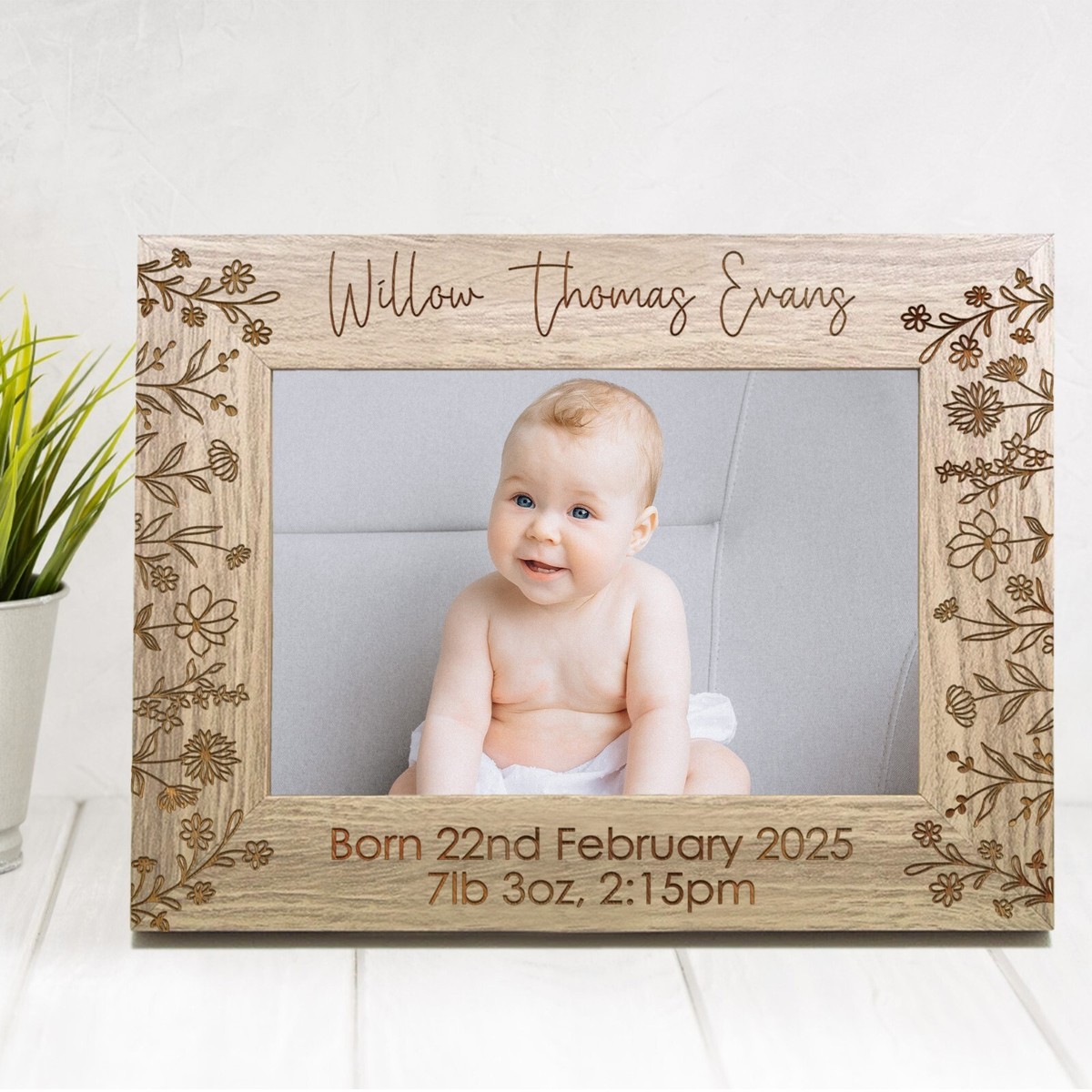 Personalised Newborn Baby Wooden Photo Frame Engraved with Name