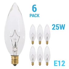 6 Pack 25CTC Chandelier 25W Bulbs 120V B10 Straight Torpedo Candelabra E12 Clear