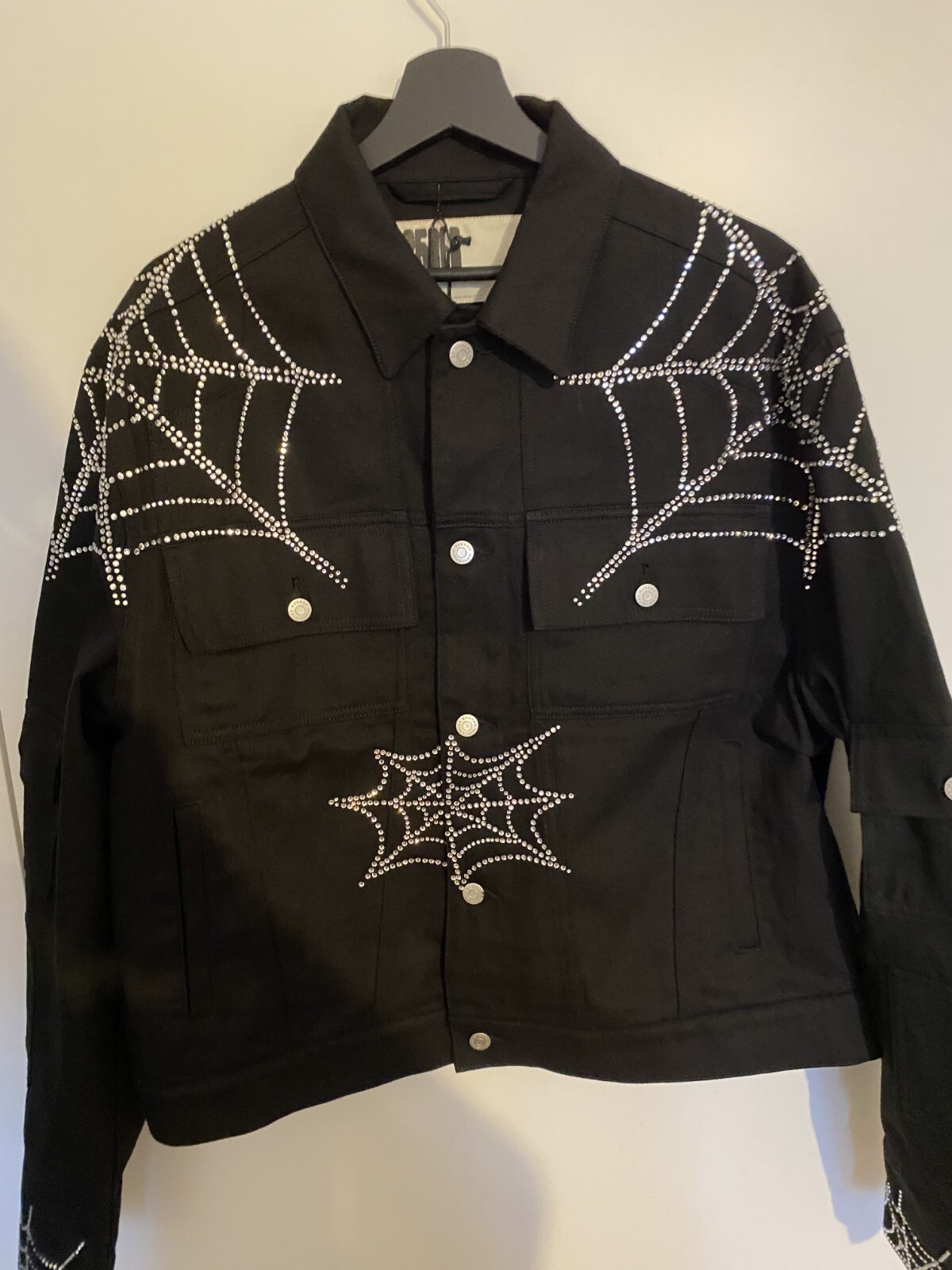 SAINT LAURENT Sp5der Worldwide WEB DENIM CROPPED TRUCKER JACKET nero taglia L