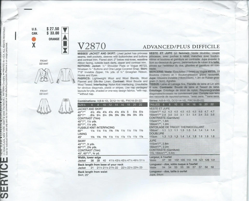 Vogue 2870 sewing pattern JACKET & SKIRT sew Oscar de la Renta UNCUT size 6-8-10 - Image 2 of 2
