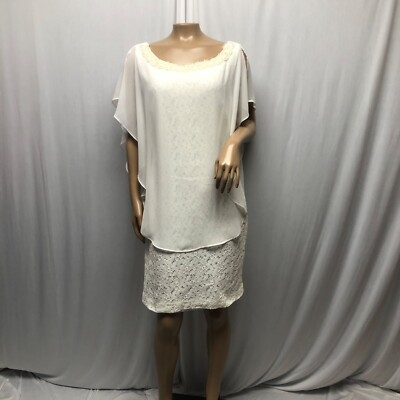 SD Collection Ivory Chiffon Overlay Lace Dress Womens Sz 12 Faux Pearl Neckline