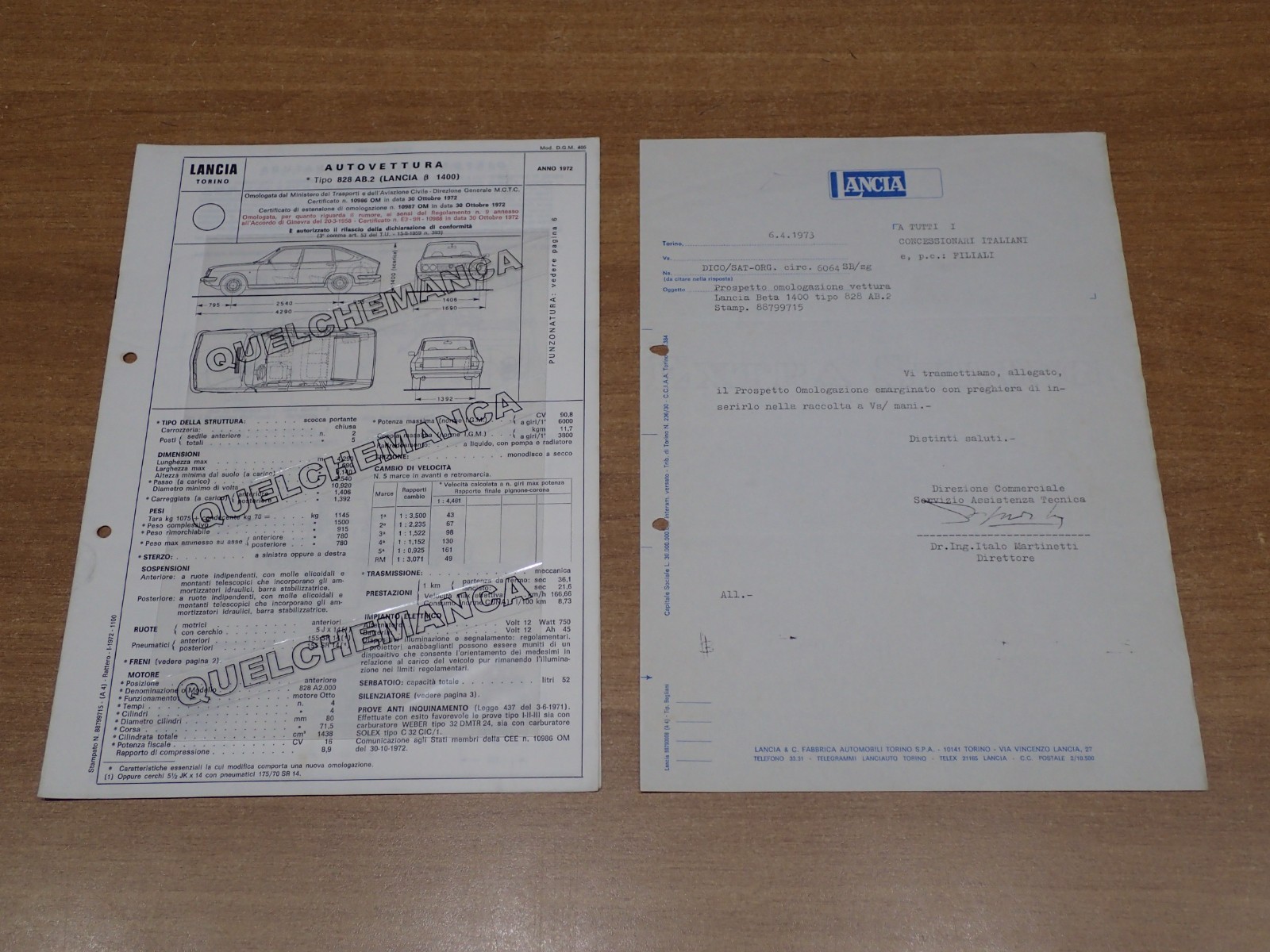 LANCIA TIPO 828 AB 2 BETA 1400 SCHEDA DI OMOLOGAZIONE DGM CON LETTERA 1972 (28)