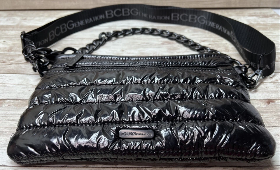BCBGeneration Shiny Black Puffer Crossbody Bag Spellout Strap w/Chain Strap - Image 2 of 4