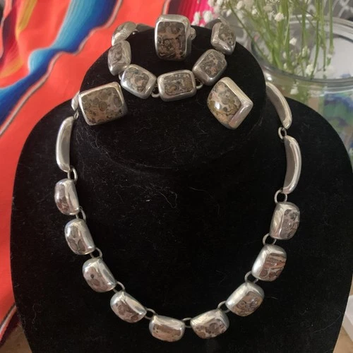 Vintage Taxco Leopard Jasper Sterling Silver Set, Mexico