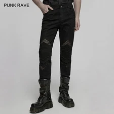 Punk Rave Men Black Gothic Punk Mesh Splicing Slim Tight Pants Casual Trousers