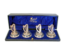 Cased 4 Levi & Salaman English Sterling Silver Harp Menu Place Card Holders