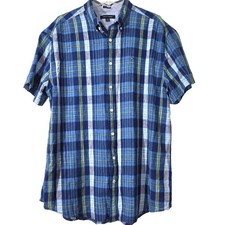 NWT Tommy Hilfiger Blue Blaid Cotton Short Sleeve Button Front Shirt Size XXL