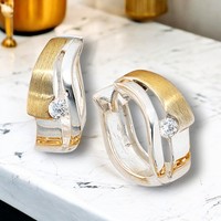 Creolen 925 Sterling Silber Bicolor Vergoldet Mattiert 2 Zirkonia Ohrringe