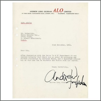 Rolling Stones Related 1964 Andrew Loog Oldham Signed Letter To Decca Records UK