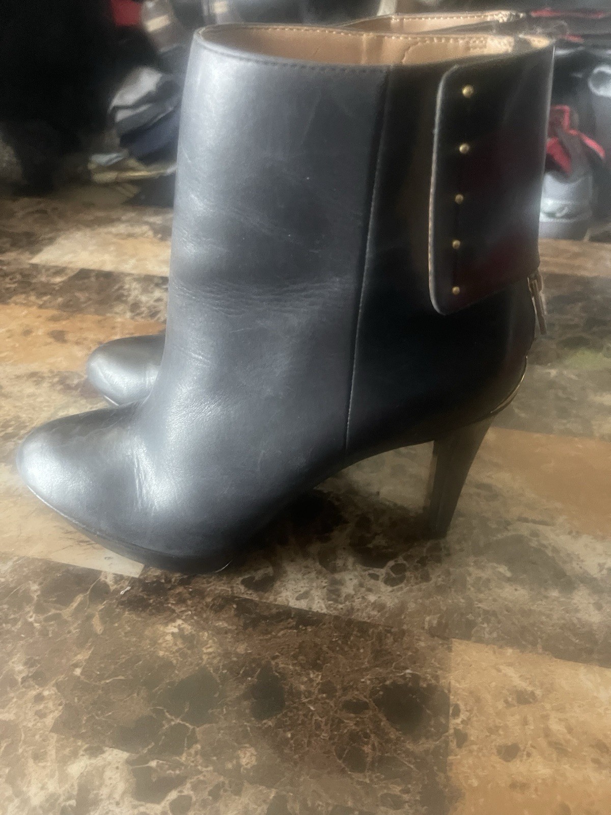 Calvin Klein's Black Leather Palisa Stiletto Heel Studded Ankle Booties Size 7.5