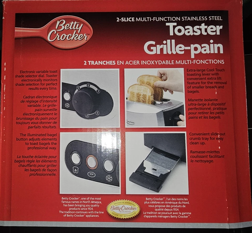 Tostadora Betty Crocker 2 Rebanadas Ranuras Anchas, Multifunción, Acero Inoxidable, Nueva Foto 3 de 3