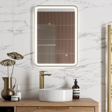 Rectangular LED Mirror Touch Bathroom Demister Mains Brushed Brass 500x700mm