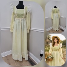 VTG'70s Hostess Yellow Dress Flocked Floral Prairie Cottagecore Long Sleeve
