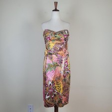 David Meister Dress 14 Multicolor Silk Paisley Strapless Ruched Sheath Cocktail